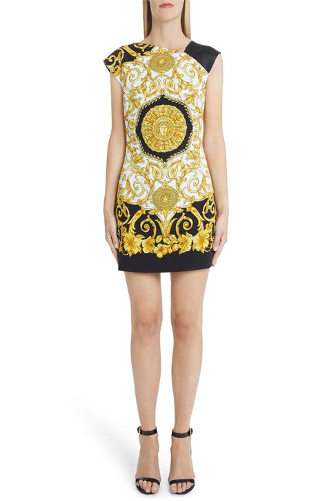 versace hibiscus|Versace Hibiscus Print Asymmetrical Neck Shift Dress In Black.